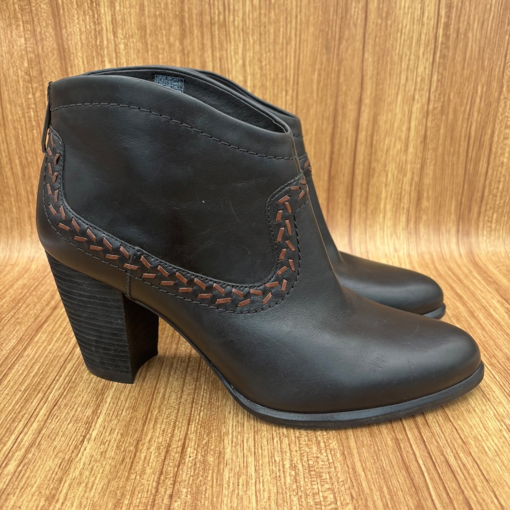UGG Charlotte Ankle Boots Womens 12 Black Brown Leather Whipstitch Block Heel